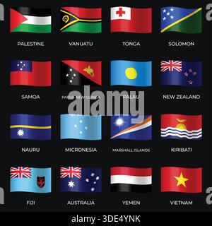 Set of Variant Wavy Flags Isolated on Dark Background Stock Vector