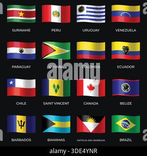 Set of Variant Wavy Flags Isolated on Dark Background Stock Vector