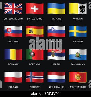 Set of Variant Wavy Flags Isolated on Dark Background Stock Vector