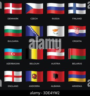 Set of Variant Wavy Flags Isolated on Dark Background Stock Vector