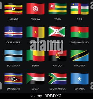 Set of Variant Wavy Flags Isolated on Dark Background Stock Vector