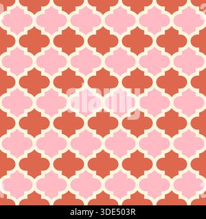 Moroccan Trellis Quatrefoil Tile Mosaic Seamless Vector Pattern, Geometric Background Design in Pink and Warm Earthy Terracotta Colors Stock Vector
