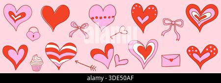 Romantic coquette doodle vector set with hearts, bows and love elements for Valentine's Day designs and greeting cards Stock Vector