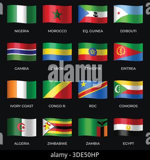 Set of Variant Wavy Flags Isolated on Dark Background Stock Vector