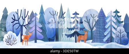 Winter background. Snow trees forest. Watercolor pine woodland. Wild landscape with Nordic reindeer. Horizontal wood postcard. Christmas nature. Deer at snowdrift. Scenery drawing. Vector illustration Stock Vector