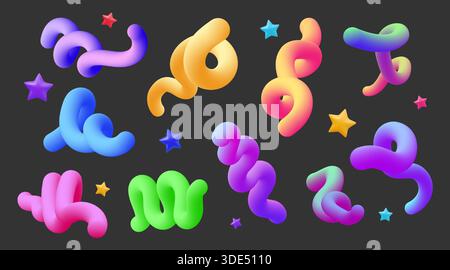 3d line shape set. Abstract liquid color gradient object, fluid graphic with gradient flow. Twist geometric rainbow elements. Colorful render lines, spirals and stars. Vector motion isolated objects Stock Vector