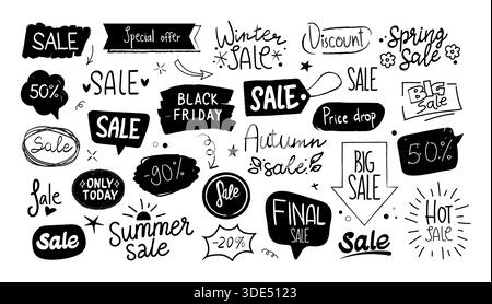 Doodle sale elements. Free chalk hand drawn handmade label, sketch price text or offer banner design. Percentage number, advertisement isolated scribble bubbles. Vector illustration icons collection Stock Vector