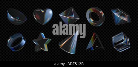 3d glass shapes. Abstract crystal gradient objects, geometric prism effect or hologram sphere, y2k cube iridescent reflection figures. UI buttons, star, acrylic heart and diamond. Vector elements Stock Vector