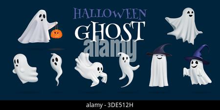 3D Halloween characters. Ghost monster comic emoji. Cute evil emoticons for scary comic party. Spooky ghostly spirit flying. Autumn holiday. Happy or sad face emotion expression. Vector render set Stock Vector