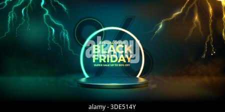 Black friday sale. Neon lighting special offer, 3d flash light energy or discount with gradient podium. Advertising template. Stand for products, studio showcase with thunderstorm. Vector background Stock Vector