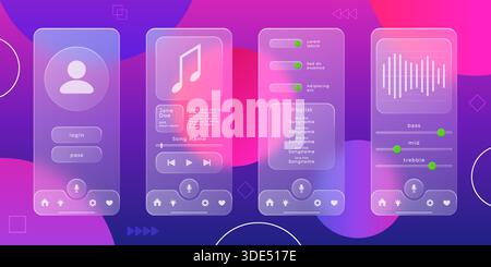 UX UI design. App glass morphism interface. Transparent web button for phone page. Frosted smartphone screen. Gradient matte display. Media player. Music application panel. Vector mobile templates set Stock Vector
