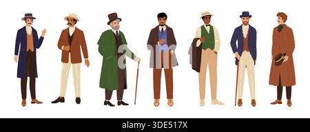 Victorian man. Vintage rich 19th gentleman character, aristocrat in cane, hat and dandy male traditional costume. Aristocracy men with mustache and beard. Vector cartoon flat isolated illustration set Stock Vector