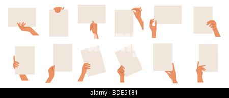 Hand hold paper set. Card board note, protest person or man arm with empty sheet frame, signboard and document with copy space for text. Blank information concept. Vector banner and placard sign Stock Vector