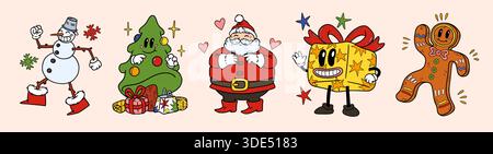 Funny Santa character. Retro Xmas tree stickers. Funky groovy New year face or cool trippy hippie Claus. Happy walking winter snowman. Gift present and gingerbread cookie. Vector cartoon mascots set Stock Vector