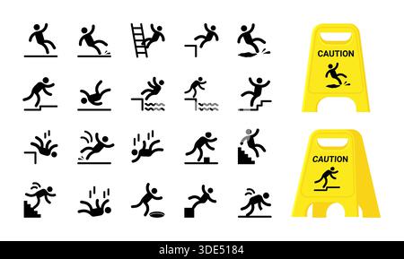 Fall icons. Caution accident, slip work trip or staircase yellow safety sign. Wet floor down, slippery person hazard. Black silhouettes, unbalanced characters. Warning labels. Vector isolated symbols Stock Vector