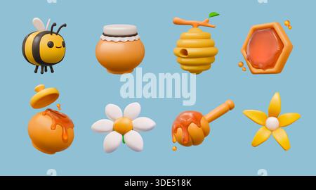3d honey. Bee hive, flower and jar cute glossy render food, comb and beehive with honeycomb. Cute healthy nectar. Daisy, honeybee and spoon, pot with dripping liquid vector isolated apiary product set Stock Vector