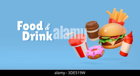 Fast food render. 3d burger, drink and hamburger restaurant fastfood as hot dog, coffee and donut, dinner or lunch menu. Takeaway snacks. Banner design. Vector cartoon glossy isolated illustration Stock Vector