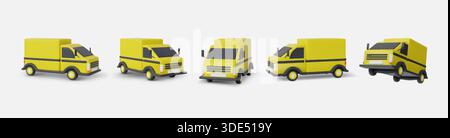3D truck. Delivery car transport. Cargo vehicle move or tractor. Road container shipping. Heavy tir trailer. Lorry for traffic and logistic. Yellow automobile different view angles. Vector icons set Stock Vector