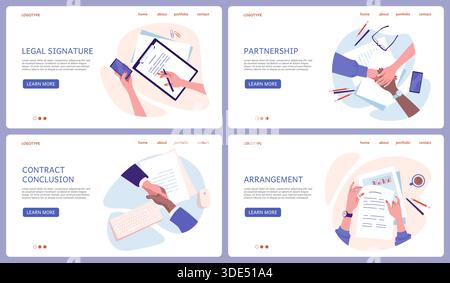 Contract signature. Partners signing documents. Website landing page design. Business agreement. People handshaking. Successful deal. Legal consultations. Hand on desk top view. Vector backgrounds set Stock Vector
