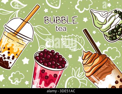Bubble tea banner. Asian milky drink with boba and tapioca advertising. Summer cold coffee beverage. Smoothie and delicious milkshake in takeaway glass. Vector cartoon flat isolated illustration Stock Vector