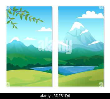 Open view. Scenic nature landscape. Picture frame. Mountain peaks and wild forest trees. River or lake water. Green hills. Rock panorama. Sunny day. Branch leaves. Summer travel. Vector banners set Stock Vector