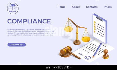 Law compliance. Isometric 3D legal regulatory landing page. Ethics or policy rule for company document procedure. Website design template. Judge scale and gavel. Contract signature. Vector background Stock Vector