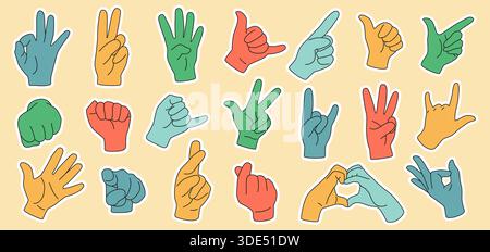 Hand gestures set. Thumb up, finger ok or love sign, retro logo shape. Modern trend arm, open palm art colorful patch. Forefinger pointing, expression symbols. Vector icons flat isolated illustration Stock Vector