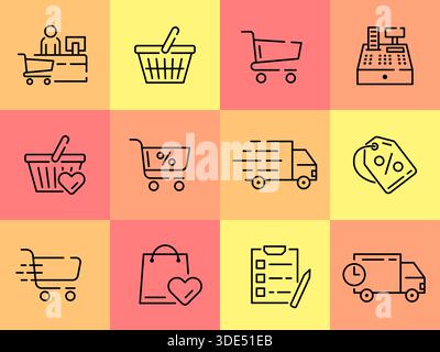 Commerce icons. Shopping symbols. Supermarket cart and basket. Online store square sign. Sale price. Express delivery. Payment money. Cashier at counter. Customer feedback. Vector line pictograms set Stock Vector