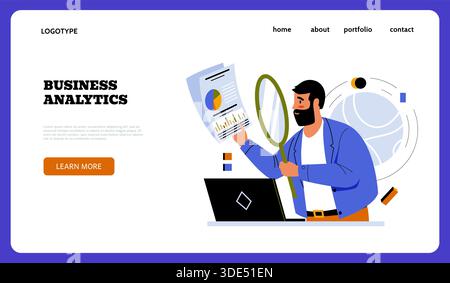 Business analytics landing page. Man looking through magnifying glass at report. Project diagram. Website design template. Office statistic information. Professional audit analyst. Vector background Stock Vector