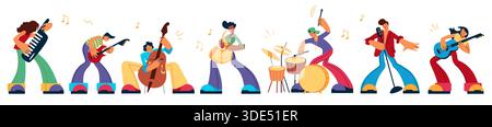 Music band. People play on guitar and drums. Jazz festival. Rock concert. Musicians group. Rocker musical instruments. Man with violoncello. Woman saxophonist. Vector cartoon orchestra characters set Stock Vector