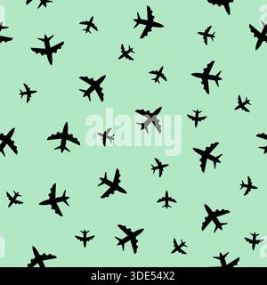Black planes isolated on green background seamless pattern. aircraft Vector simple flat graphic illustration Stock Vector