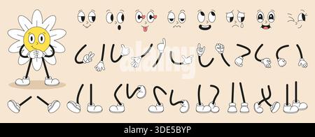 Daisy character constructor. Groovy chamomile faces, hands and legs various poses. Children mascot, make your sticker. Cartoon animation parts Stock Vector
