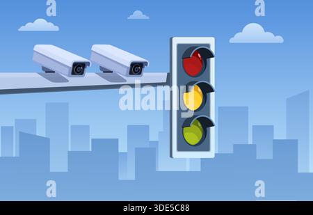 Camera security and traffic light. Road cctv, urban control and monitoring. City safety technologies. Photo cameras for driving, radars sapid vector Stock Vector