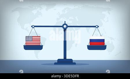 Balance Scale with USA vs Russia Flags , International Relations and Global Trade Concept Vector Stock Vector