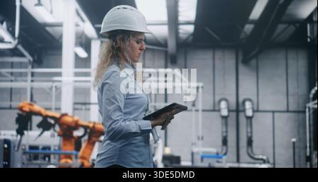 Female Industrial Specialist Wearing Hard Hat and Using Tablet to Monitor Operations Inside High Tech Factory With Robotic Arms. Concept of Automation, Efficiency, and Future of Manufacturing. Stock Photo