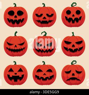 Set of Halloween Pumpkins with Different Faces Stock Vector