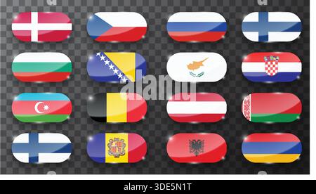 Set of Various Glossy Flags Isolated on Dark Background Stock Vector