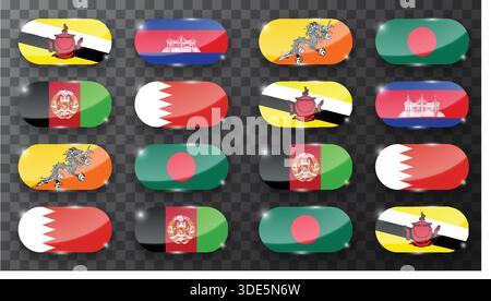 Set of Various Glossy Flags Isolated on Dark Background Stock Vector