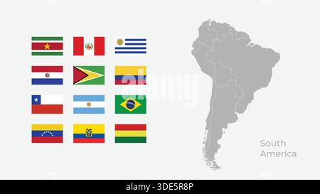 Vector Map of South America with Regional Borders and All African Country Flags Stock Vector