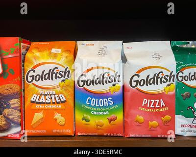 Goldfish Brand Snack Crackers Packages on Shelf  in a NYC Deli, 2025, USA Stock Photo