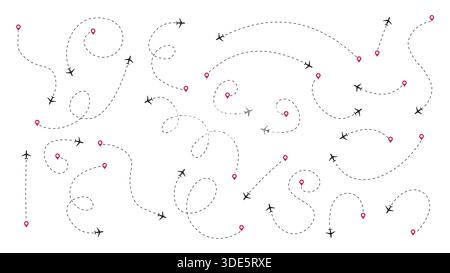 Set of Various Airplane Lines and Roads with Jet Icons Stock Vector