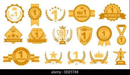 Winner flat labels. Award gold badges with cups ribbons and golden crowns, medals design, trophy stickers and emblems, premium quality best tags, firs Stock Vector