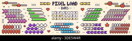 Pixel game bars. 8 bit loading color scales in different shapes. Stock Vector