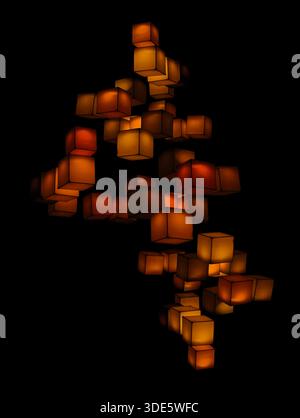 a lighting installation featuring an arrangement of glowing cubes floating in the dark background, physical cubes create dynamic, interactive visual d Stock Photo