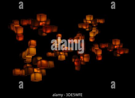 a lighting installation featuring an arrangement of glowing cubes floating in the dark background, physical cubes create dynamic, interactive visual d Stock Photo