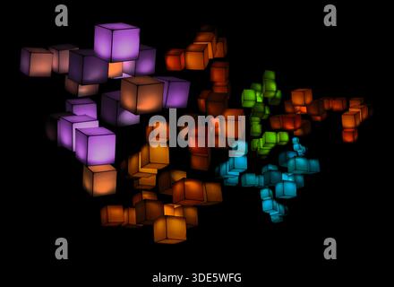 a lighting installation featuring an arrangement of glowing cubes floating in the dark background, physical cubes create dynamic, interactive visual d Stock Photo