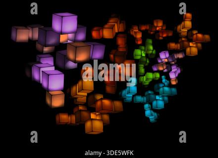 a lighting installation featuring an arrangement of glowing cubes floating in the dark background, physical cubes create dynamic, interactive visual d Stock Photo