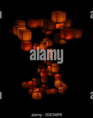 a lighting installation featuring an arrangement of glowing cubes floating in the dark background, physical cubes create dynamic, interactive visual d Stock Photo