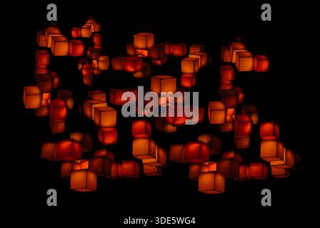 a lighting installation featuring an arrangement of glowing, red cubes floating in the dark background, physical cubes create dynamic, interactive vis Stock Photo