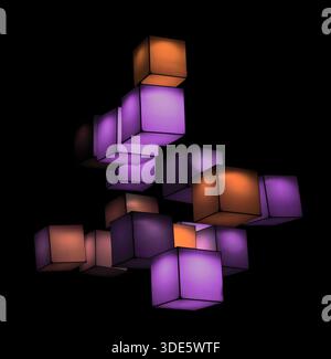a lighting installation featuring an arrangement of glowing cubes floating in the dark background, physical cubes create dynamic, interactive visual d Stock Photo